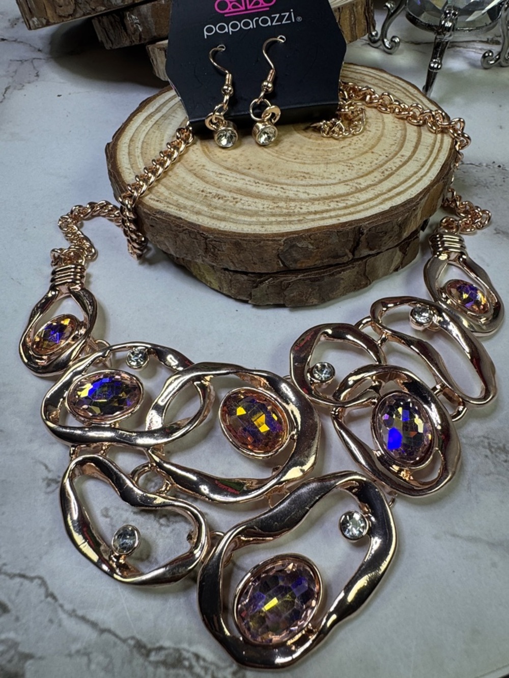 paparazzi Rose Gold Iridescent Purple Crystal Statement Necklace Set
